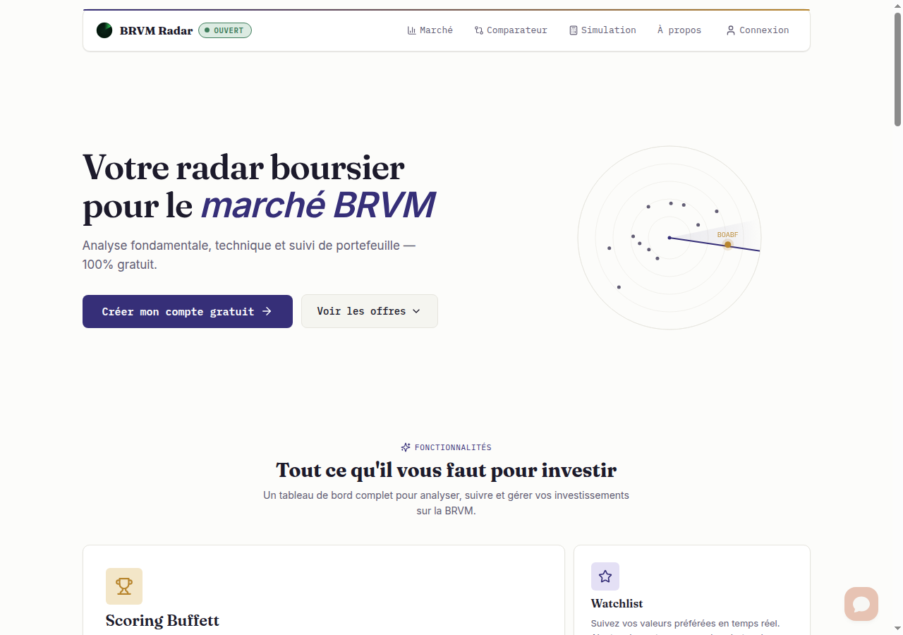 Page d'accueil BRVM Radar