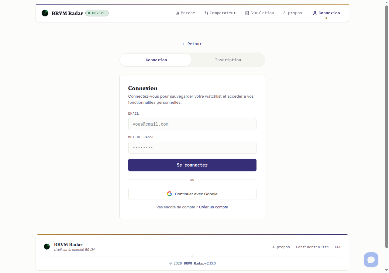 Page de connexion BRVM Radar
