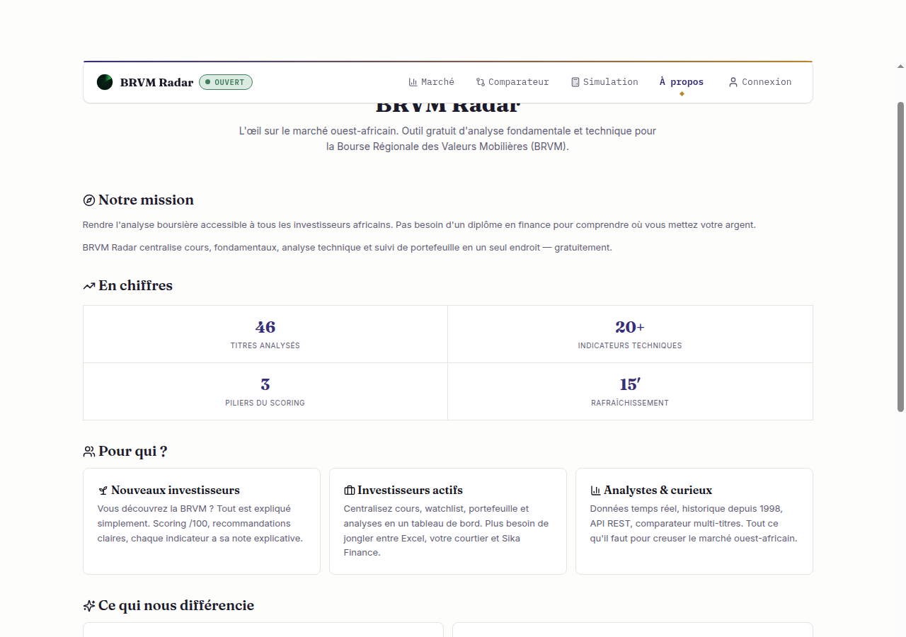 Page À propos avec explications des indicateurs