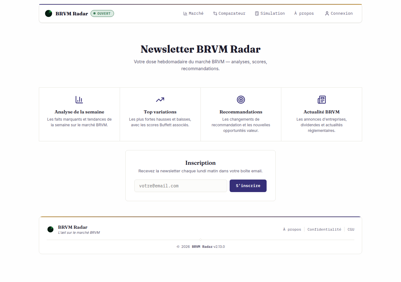 Page d'inscription à la newsletter BRVM Radar