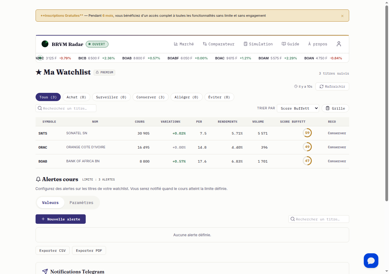 Page watchlist avec titres suivis et alertes